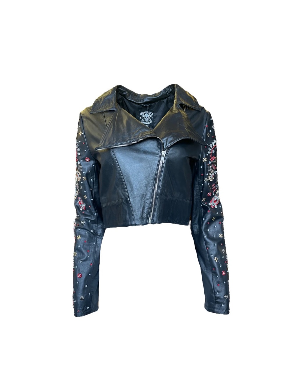 NWOT Any Old Iron Women's Black Beaded Leather Jacket Large, Cropped - Picture 2 of 6